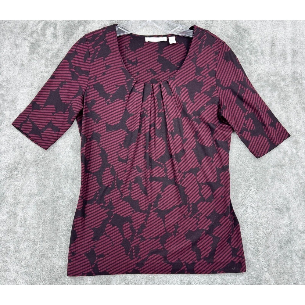 Hugo Boss Shirt Womens Small Floral Striped Pleated Career Office Knit Maroon